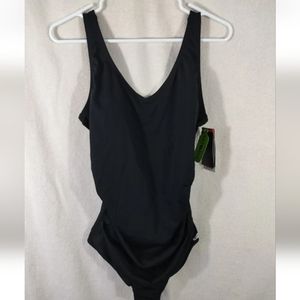 Speedo Endurance+ Shirred Contour Back One Piece Black Swimsuit NWT Sz 12